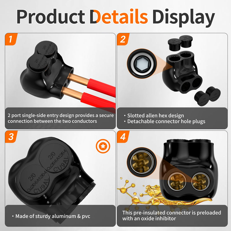 Joinfworld 2 Port Insulated Multi Tap Connector 2/0-6 Gauge Wire Connectors Aluminum to Copper Wire Connectors Single Side Entry Black Electrical Cable Connectors with Slotted Allen Hex - 6 Pack 2/0-6 AWG(6pcs)