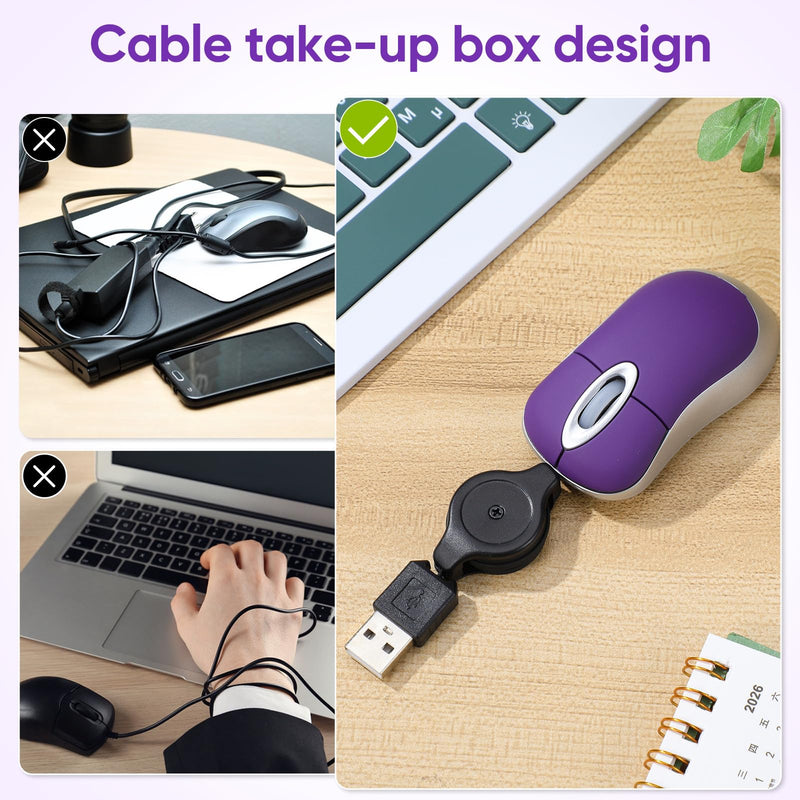 Abaodam Mini USB Mouse with Retractable Cord, Portable Wired Optical Computer Mice for Laptop, Small Travel for Office Business Home School Woman Men Girls Boys Present - Purple