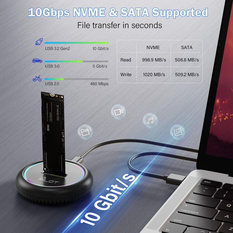 M.2 NVMe & SATA to USB C Docking Station, M.2 SSD to USB A C Reader Adapter for Both M Key & B+M Key NVMe PCIE and SATA NGFF SSD Dock, Size for 22110 2280 2260 2242 2230 RGB Light Enclosure M.2 Dock [Round Plastic with RGB]