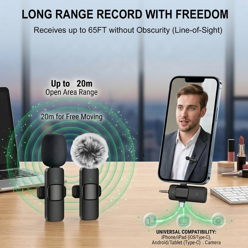 3-in-1 Professional Wireless Lavalier Microphone for iPhone Android Camera, 2-Pack Universal Clip-on Lapel Mic for Video Recording, YouTube Podcast Vlog TikTok Live Streaming, Content Creator