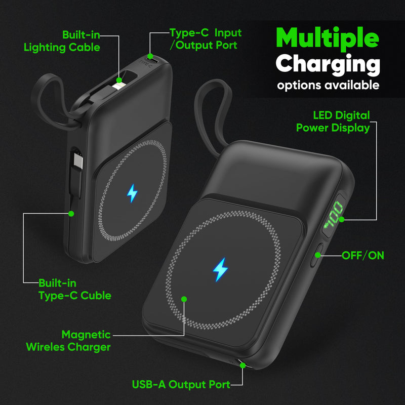 2024 Version 10000mAh Magnetic Wireless Portable Power Bank Charger, LED Display 20W PD Fast Charging Battery Pack, Built in Cables Phone Charger for iPhone iPad Samsung Google Pixel LG Moto More