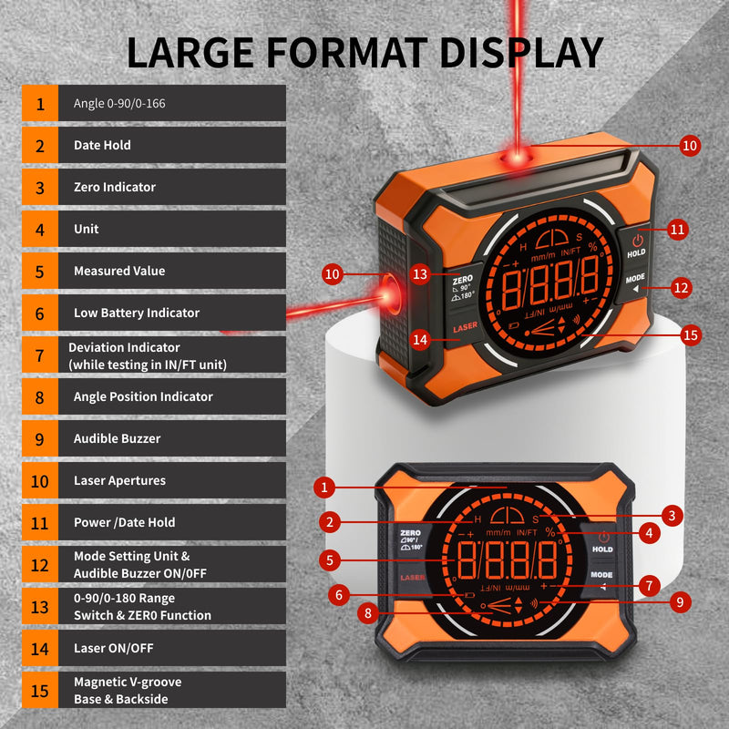 Digital Magnetic Angle Gauge with Laser, (Class 2, 1mW Power Output) 3-in-1 Mini Angle Finder, Rechargeable Digital Level with Backlit LED Display, Inclinometer Protractor for for Woodworking Orange