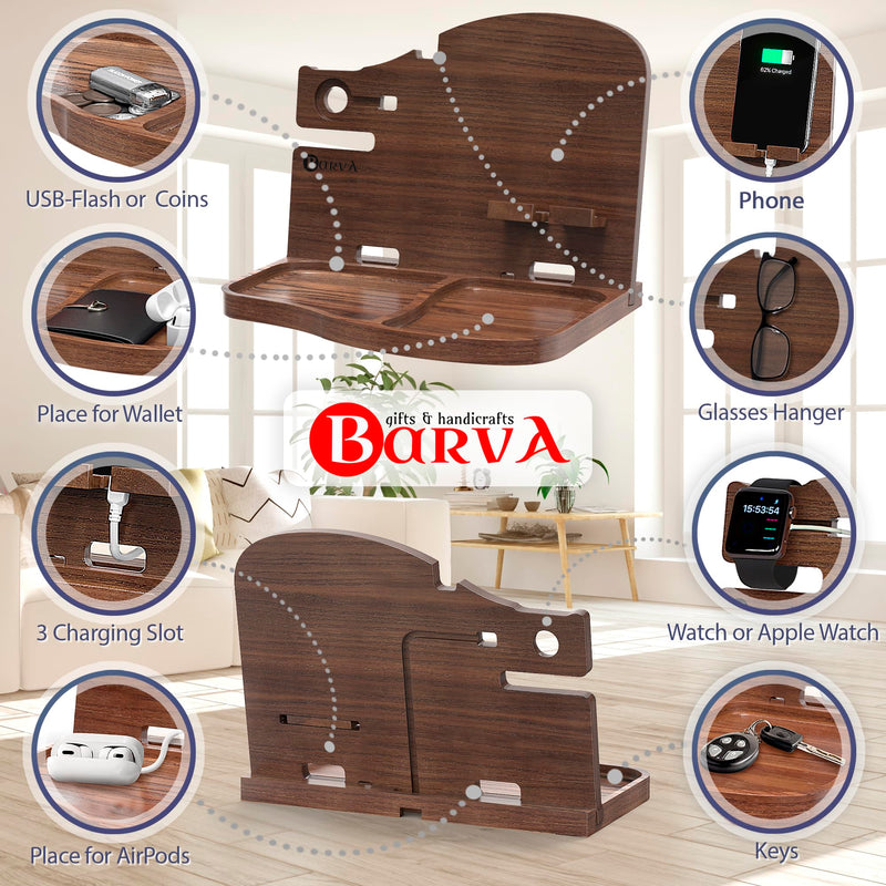 BarvA Wood Docking Station | Phone Stand & Desk Organizer | Night Stand Charging Station & Phone Holder | Compact Nightstand Organizer for Men's Accessories | Ideal Gifts for Men Dark Walnut