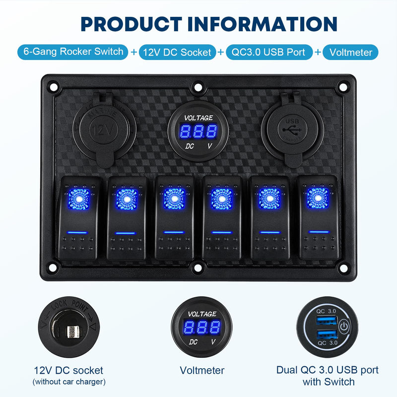 Kohree 6 Gang Marine Boat Rocker Switch Panel Waterproof + USB Switch, 12 Volt RV Led Switch Panel for Marine Boat Car Truck, Digital Voltmeter Display QC3.0 Dual USB Charger Port DC 12V Socket 12/24V
