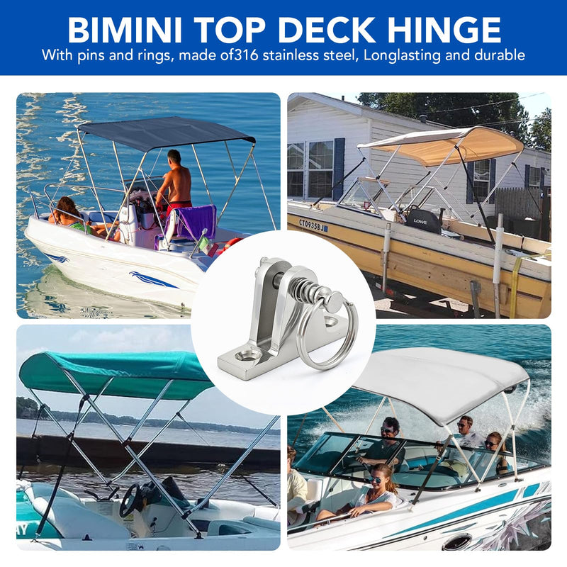 Bimini Top Deck Hinge - 316 Stainless Steel Marine Hardware with Quick-Release Pin & Ring - Easy Install Boat Bimini Top Parts for Pontoon, Fishing & Ski Boats (4 Pack) 4 Pack