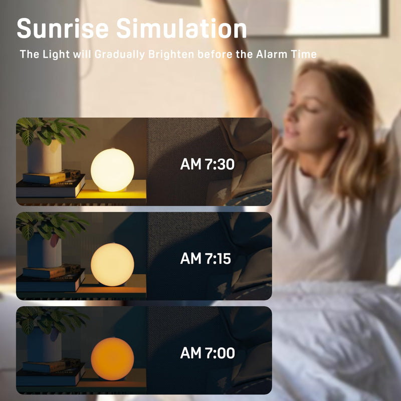 Wake Up Light Sunrise Alarm Clock for Kids, Heavy Sleepers, Bedroom, with Sunrise Simulation, Sleep Aid, Dual Alarms, FM Radio, Snooze, Nightlight, Daylight, 7 Colors, 7 Natural Sounds, Ideal for Gift White