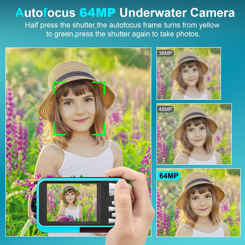 4K 64MP Underwater Camera 16FT Compact Digital Waterproof Camera Floatable | Dual-Screen Selfie, 1250mAh Battery,16X Digital Zoom,Autofocus,Fill Light, With 32GB Card, Snorkeling & Underwater Trips Blue