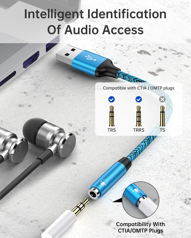 USB to Audio Adapter, 3.5 mm Aux Jack Headphone USB Adapter, External Sound Card Converter USB A Male to Female Aux Headset Adapter for PS4/PS5/Headphone/Mac/Linux/Laptop/Desktops/Docking Station Blue