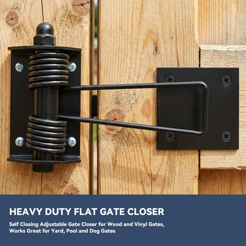 Heavy Duty Flat Gate Closer, Powder Coated, Self Closing Adjustable Gate Closer for Wood and Vinyl Gates, Works Great for Yard, Pool and Dog Gates, Outdoor Gate Spring