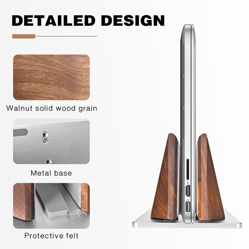 muso wood Vertical Laptop Stand, Walnut Laptop Holder Desktop Stand with Adjustable Dock Size, Wooden Laptop Stand for MacBook Pro and Other Laptops