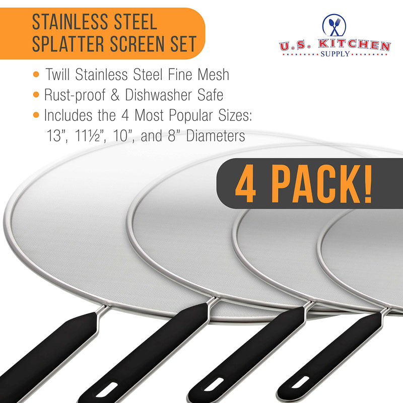 U.S. Kitchen Supply 4-Piece Stainless Steel Splatter Guard Set (13", 11.5", 10",8”) Fine Mesh Cover, Grease & Oil, Splatter Screen for Frying Pan, Cooking Pots, with Comfort Grip Handles 13", 11.5", 10", and 8"