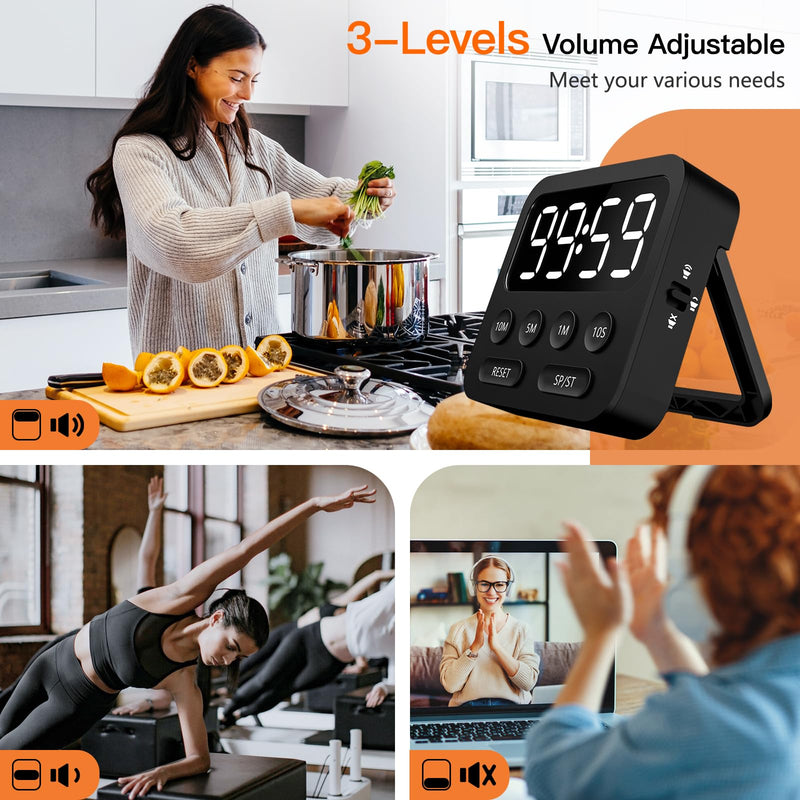 Digital Kitchen Timer with Stopwatch and Countdown Function - Magnetic Classroom Timer for Kids with Large LED Display and Adjustable Volume for Cooking, Exercise, Baking, Desk Black