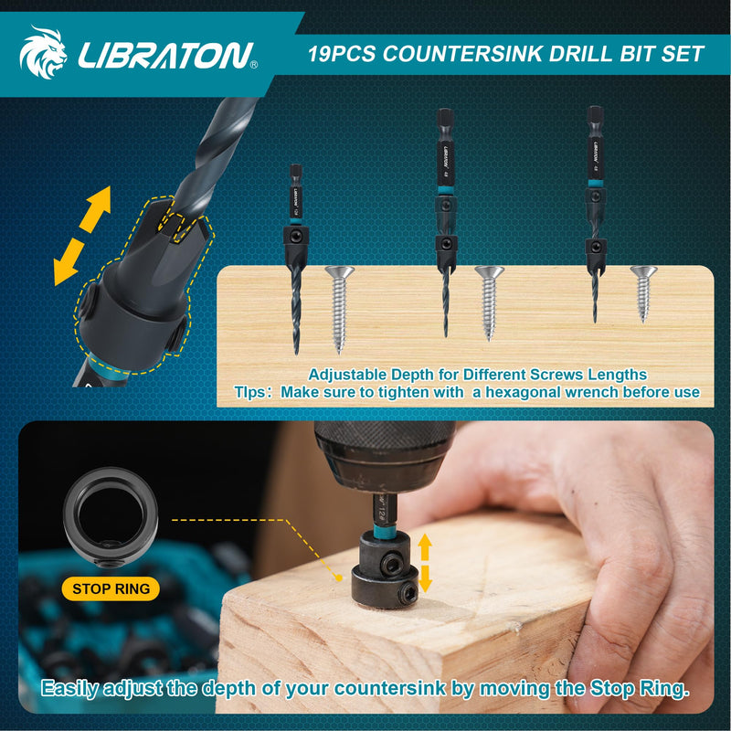 Libraton Countersink Drill Bit Set, 19 PCS Tapered Drill Bits for Woodworking, Counter Sink Drill Bit Wood Plug Cutter Extendable Bit Holder 1/4" Hex Shank Screwdriver Bits with Storage Case