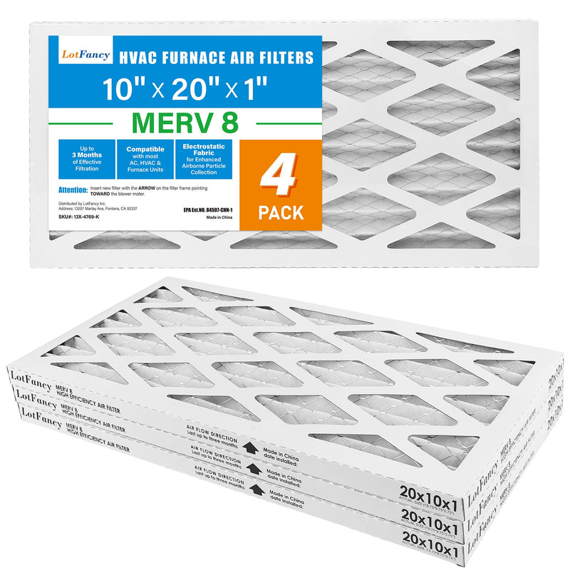LotFancy 10x20x1 Air Filter MERV 8 4-Pack, Actual Size: 9.75"x19.75"x0.75",Pleated Furnace & AC Filter Replacement, Captures Dust, Pet Hair, Pollen MERV 8 4pcs