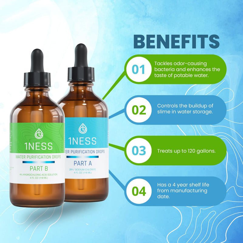 1ness Chlorine Dioxide Kit | 2 Part Liquid 8oz Set | Hydrochloric Acid 4% (HCl) : Sodium Solution 28% 8 Oz