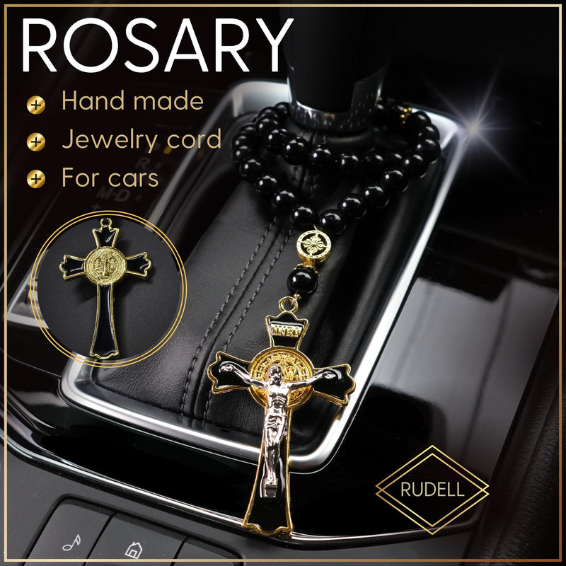 Car Rosary for Rearview Vehicle Mirror, Rosary Beads Catholic for Women, Black Rosary for Men, Cross for Car Mirror Hanging, Medal Cross Saint Benedict Rosary for Car & Truck - Christian Gift 40 Beads
