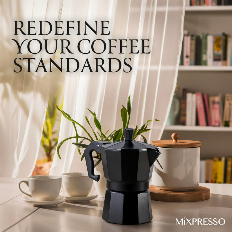 Mixpresso Black 3 Cup Moka Pot Cuban Coffee Maker, Moka Pot for Gas, Electric Stove Top, Classic Italian Coffee Maker, Stovetop Espresso Maker, Camping Pot Makes 3 Espresso Cup 5 Oz 3 Cups Black 3 Espresso Cups