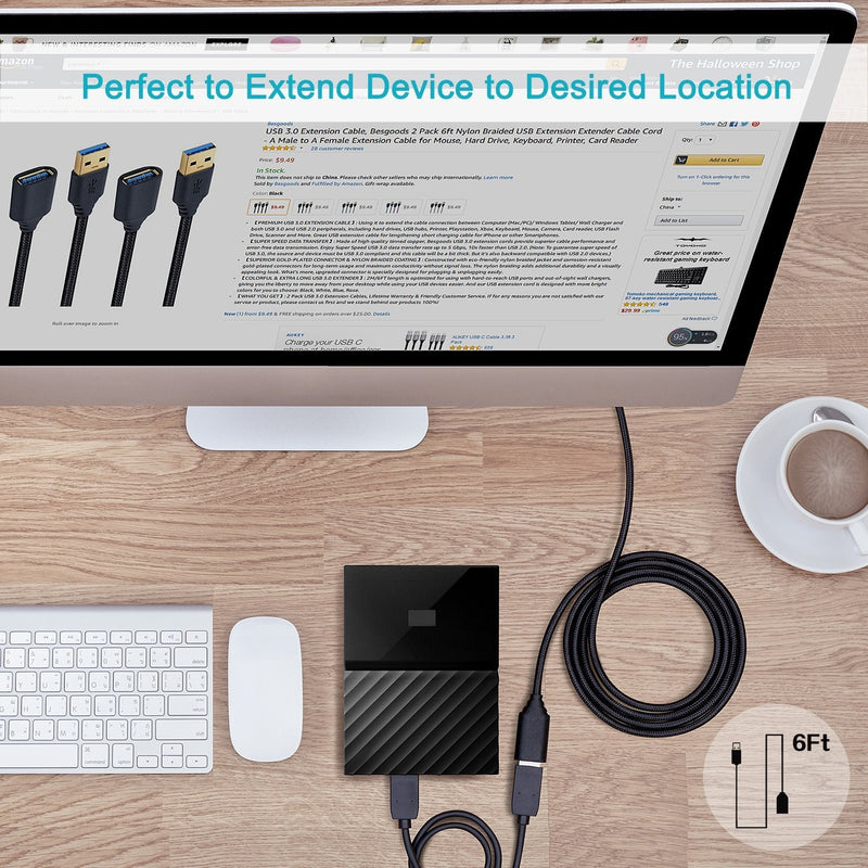 USB 3.0 Extension Cable, 4Pack [6ft] USB A Male to Female Braided Extender Cord 5Gbps Fast Data Transfer for Hard Drive, Keyboard, Mouse, Webcam, USB Flash Drive, Printer - Black