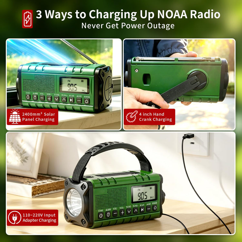 10000mAh/37000mWh Emergency Radio-Weather Radio Portable AM FM Auto Scan with Solar Panel/Hand Crank/AC Input Rechargeable Battery with Flashlight Reading Lamp SOS Siren for Indoor/Outdoor Emergency Green