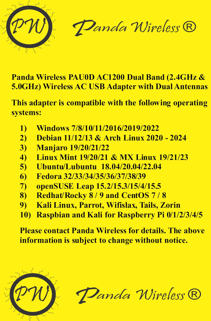 Panda Wireless® PAU0D AC1200 Wireless AC USB Adapter w/Dual Antennas - Windows 7/8/10/11/2019/2022, Zorin, MXLinux, Mint, Ubuntu, Fedora, openSUSE, Rocky, Kali Linux and Raspbian