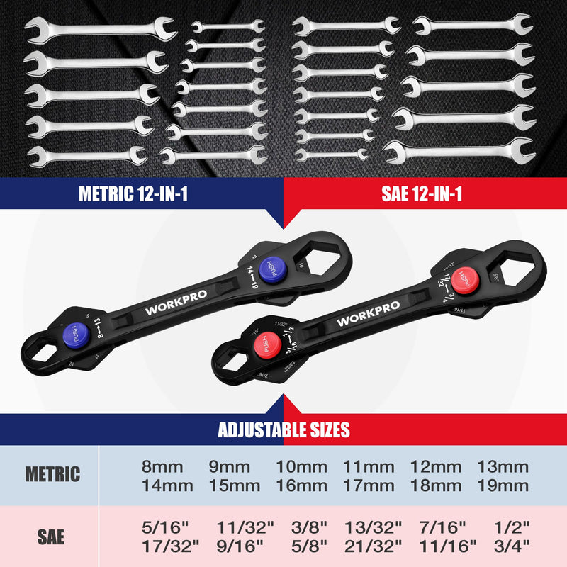 WORKPRO 2-Piece 12-in-1 Universal Adjustable Wrench Set, 8-19mm Metric & 5/16"-3/4" SAE Multi-Size Wrenches with Heat-Treated Cr-Mo Steel, ASME Standard, Multi-Position Head, for Home, Workshop, DIY Metric & SAE Set