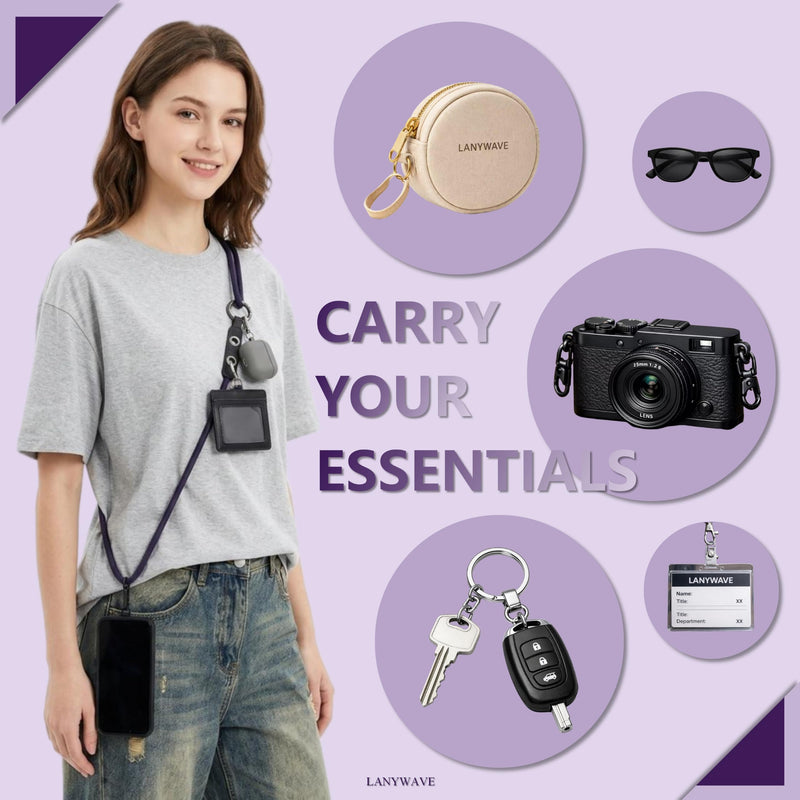 Adjustable Crossbody Phone Lanyard with Hanging Loops | 7mm Braided Rope, Sliding Buckle, Hands-Free Carry, Fits Most Phone Cases, Includes Tether Tab Deep Purple