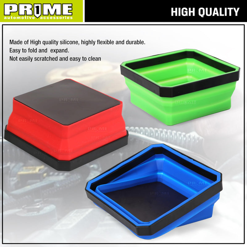 PR1ME Upgrade Collapsible Magnetic Parts Tray Set, 3 Pack, Foldable Magnetic Tool, 4.25 inch Square Silicone Bowls with Magnetic Base Stores and Organizes Small Parts and Tools Upgrade Trays