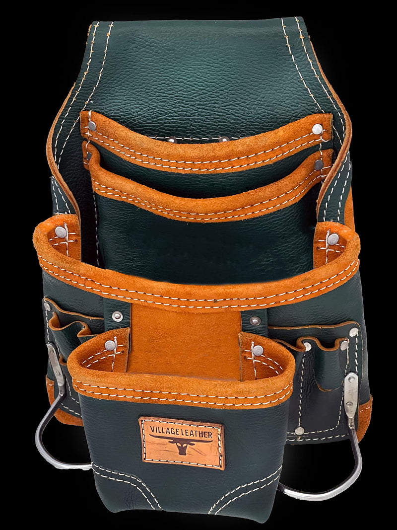 Heavy Duty Tool Pouch | Carpenters Tool Pouch 3250, Green, Top Grain, 10 Pockets, 2 Hammer Holders, Reinforced Seams | Made from Premium Natural Grain Leather for Superior Durability