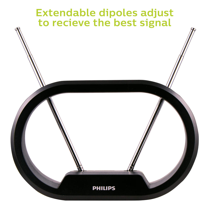 Philips Indoor TV Antenna Rabbit Ears for Local Channels, 15 Inch Extendable Dipoles, 4K 1080P VHF UHF, Tabletop Antenna, Digital HDTV Antenna, Smart TV, 4ft Coaxial Cable, Black, SDV7114A/27 Rabbit Ears Indoor Antenna (Pack of 1)