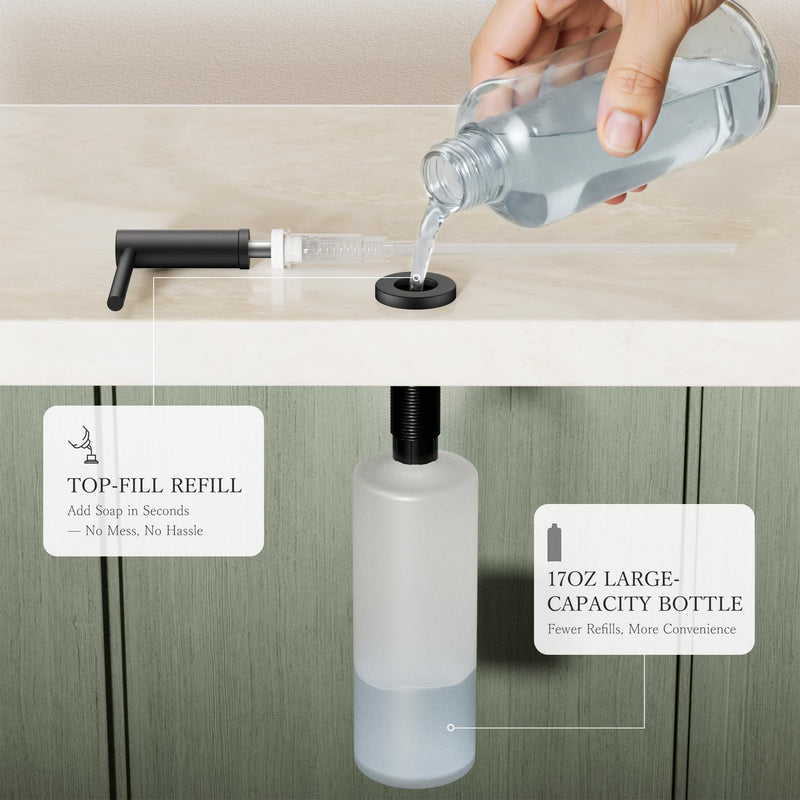 FORIOUS Soap Dispenser for Kitchen Sink, Black Stainless Steel Liquid Dish Soap Dispenser Pump with Top Refill 17oz Soap Bottle, Built in Sink Lotion Dispenser for Kitchen Countertop Matte Black