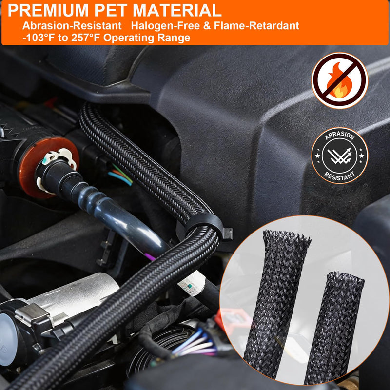 60ft – 1/4 inch & 1/2 inch PET Expandable Braided Cable Sleeve – Black – Wire Loom for Automotive, Audio, Video, Home Theater & Office Cable Management (Black, 1/4inch-30ft&1/2inch-30ft)