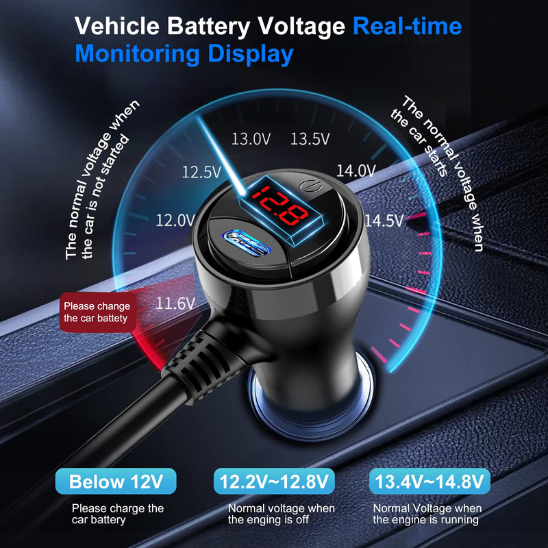 Cigarette Lighter Splitter Adapter, 222W 3 Socket Car Cigarette Lighter Plug Splitter USB Charger Multi Port 12V Car Plug Outlet Splitter with LED Voltage Display Independent Switches