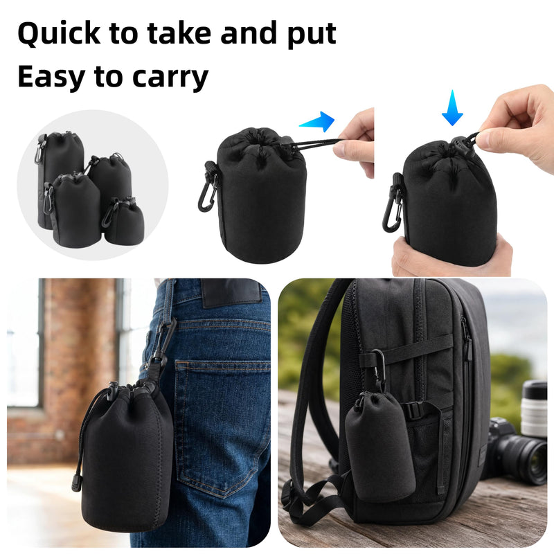 Camera Lens Bag, 4 Pack Protective Neoprene Lens Pouch with Drawstring & Carabiner, Lens Case for DSLR Camera Lens(S/M/L/XL) (XL 4pcs) XL 4pcs