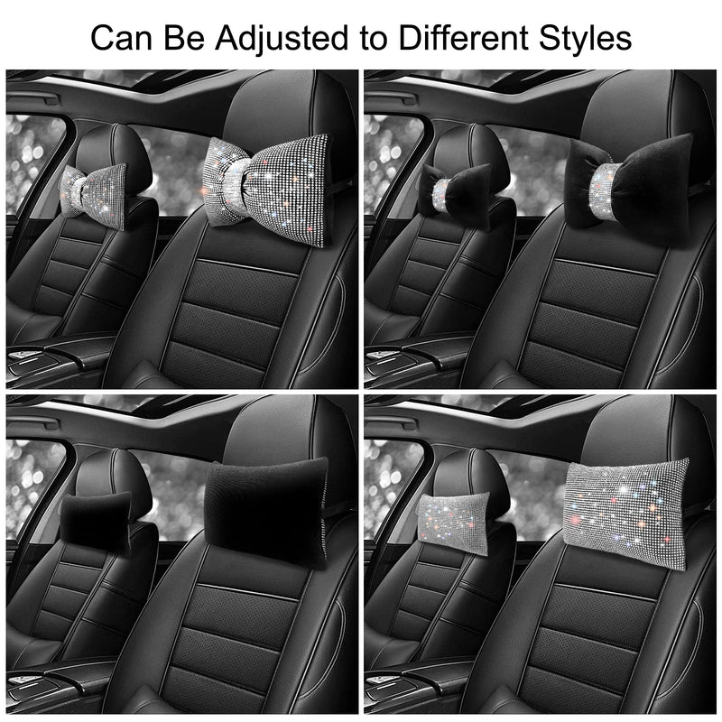 surpassme 2PCS Rhinestone Car Headrest Neck Pillow for Driving with Bling Bling Crystal Bow Pillow Car Accessories for Women (Silver/White) 2 White Pillows