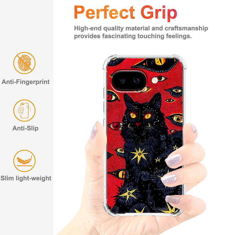 Case for Google Pixel 10a with Hippie Art Design,Trippy Cute Cool Black Cat Pattern,Clear Slim Soft TPU Bumper Phone Cover,6.3”(Cat,P10a)