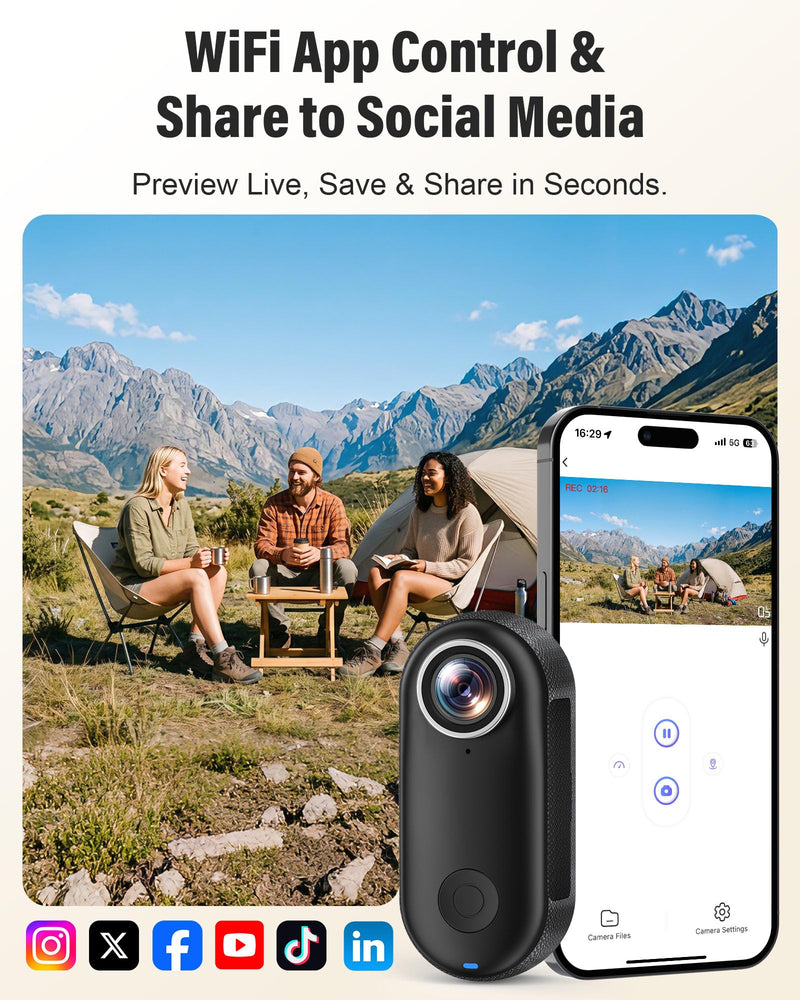 Mini Body Camera 4K, Thumb Action Camera with 123° wide-angle Lens, Wearable Cam with 360° Rotatable Clip, Portable Pov Cam Magnetic Mount for Chest/Vlogging/Bike, Wi-Fi, APP, Waterproof(No SD Card)