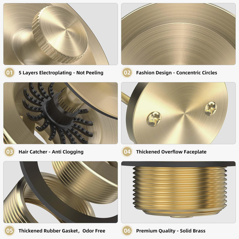 Champagne Brushed Gold Bronze Bathtub Drain, Hair Catcher and 2-Hole Overflow Faceplate, 11.5/16 UNC, Lift and Turn Bathtub Drain Replacement, Tub Drain Stopper Champagne Brushed Gold Bronze