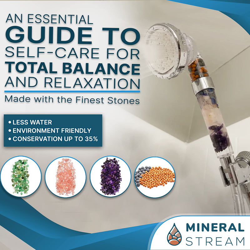 MineralStream Chakra Showerhead Kit with Replacement Beads + Natural Therapeutic Crystals + Shower Arm Diverter + 1.5m Hose | For Luxurious Spa like Experince Chakra Showerhead Full Kit