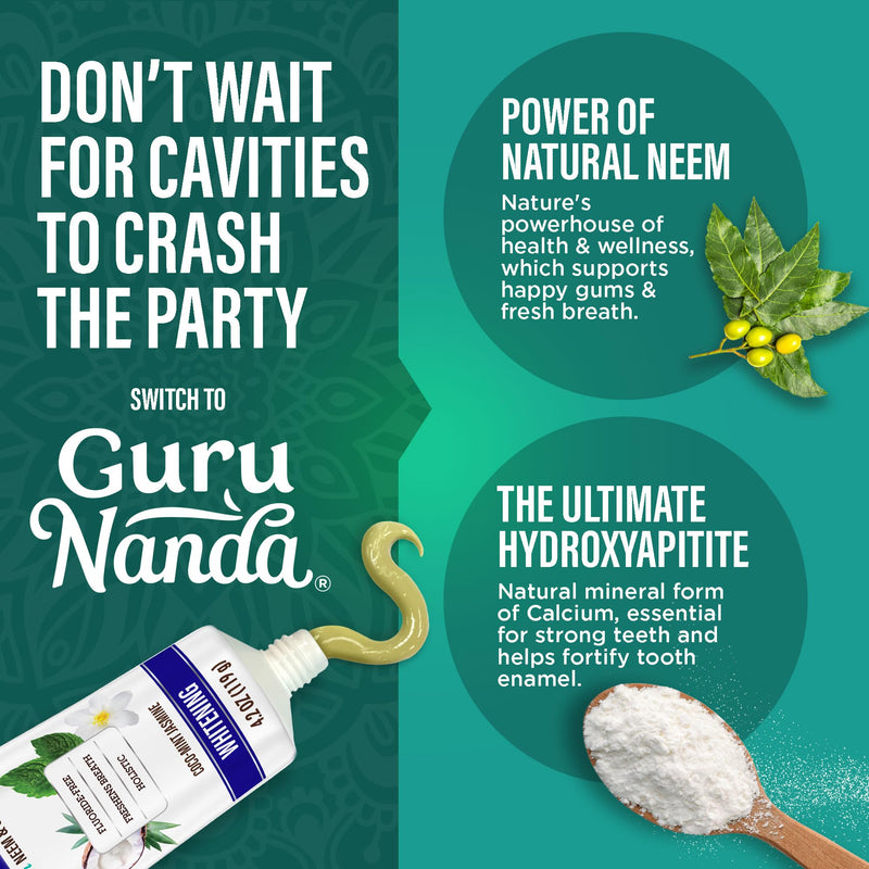 GuruNanda Hydroxyapatite Toothpaste for Whitening with Neem & Xylitol, SLS & Fluoride Free (4 Pack) - Freshens Breath, Fights Plaque - with 2 Toothbrushes, 2 Tongue Scrapers & 2 Tube Squeezers 4.2 Ounce (Pack of 4)