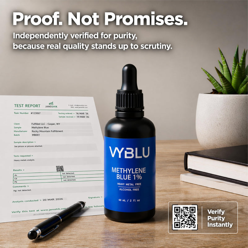 Pharmaceutical Grade Methylene Blue 1% Solution – Heavy Metal, Formaldehyde, & Alcohol Free, Ultra-Pure Distilled Water Base, 99.99% Pure, Research Use Only, 60 mL (2 fl oz)