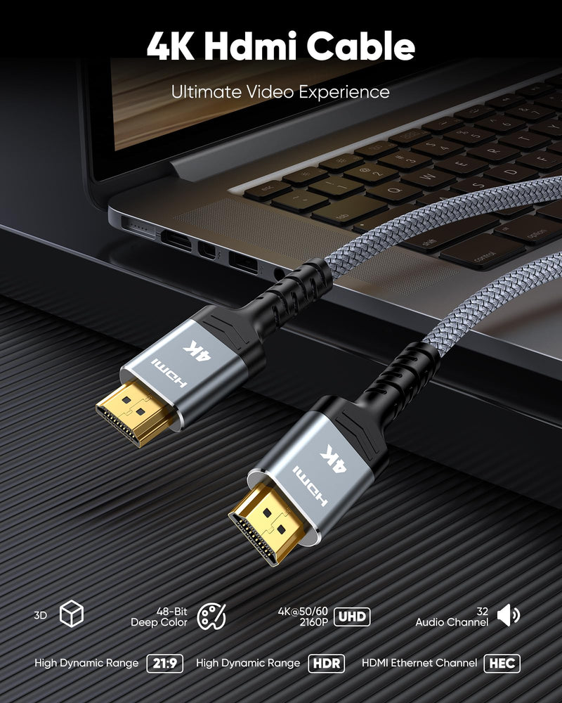 Highwings 4K Fiber Optic HDMI Cable 50FT Long - Unidirectional 4K HDR Braided HDMI Cord, 18Gbps High Speed with Ethernet/ARC, 3D, HDCP 2.2, ARC, Compatible for PS-5/4/3/4K HDTV/Streaming Media 50 feet 4K@UHD-1 Pack Grey
