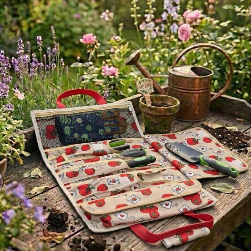 Garden Tool Bag - Roll-Up Garden Tool Holder with Deep Pockets | 900D Polyester Heavy Duty Gardening Tote | Compact Washable Organizer for Tools, Seeds, and Essentials (Tools Not Included) Tomato Print