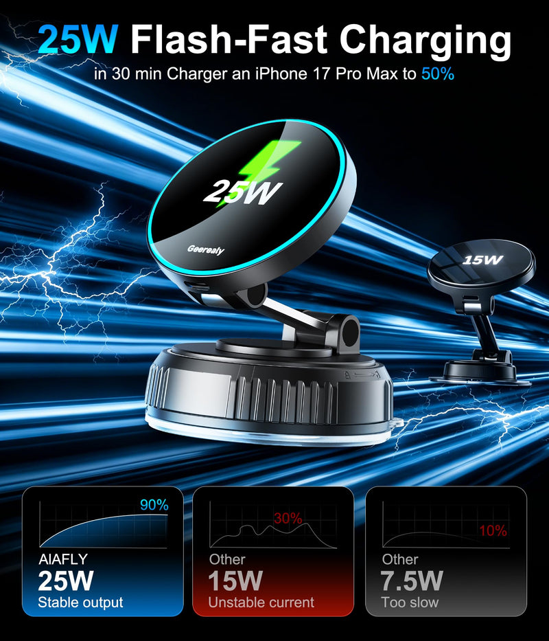 for 25W Magsafe Car Mount Charger，Adhesive & Vacuum Suction Cup Phone Mount | Fast Charging Mag Safe iPhone Car Mount Magnetic Wireless Car Charger Car Phone Holder for iPhone 17 16 15 14 13 12