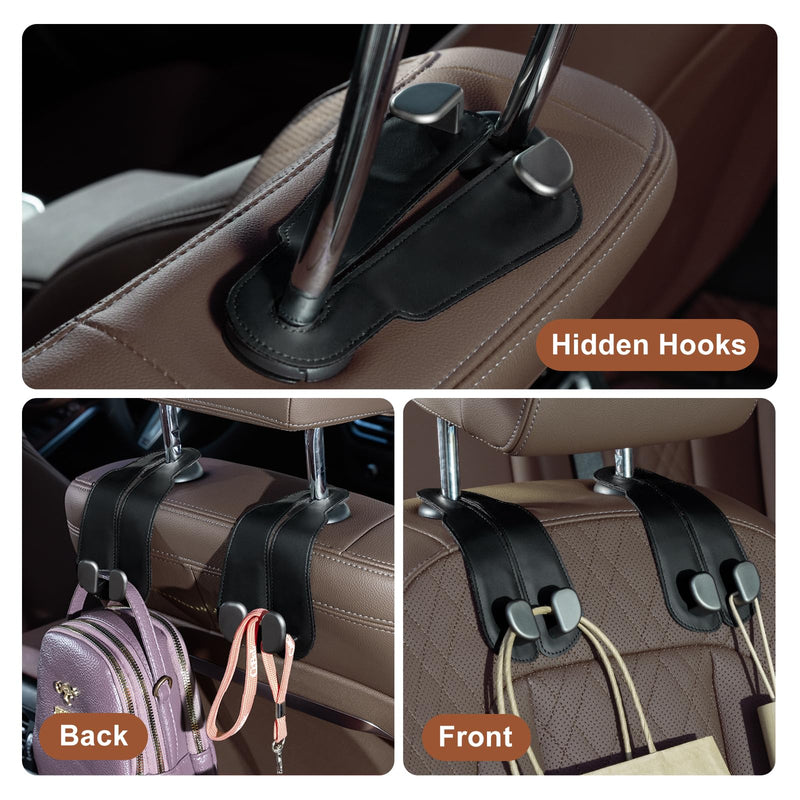 CoBak Purse Hook for Car - Universal Premium Stitched Leather and Aluminum-Magnesium Alloy Double Car Seat Back Storage Hook for Purses, Handbags, Bags (2 Pack),Black Black Double-Hooks