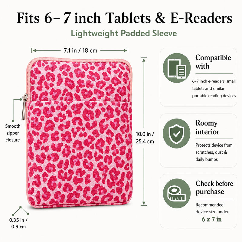 Padded Ereader Sleeve Pouch - Protective Book Sleeve for Kindle | 6-7 Inch Pink Leopard Print Tablet Paperbacks Bag Carrying Reading Accessories Bookish Gifts for Bookworms Reading Lovers