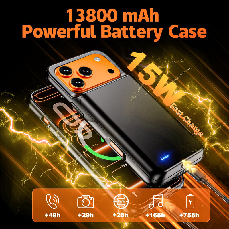 13800mAh High Capacity Battery Case for iPhone 17 Pro Max (6.9 inch) | 2026 Upgraded Battery Pack Rechargeable Charger External Charging Case with Tempered Glass Screen Protector Black