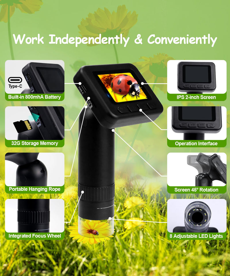 Handheld Microscope for Kids - 1000X Portable Microscope for Kids, Photo and Video Microscopes 2in Screen, Science Kit Gift for Kid Adults Boys Girls, Digital Coin Magnifier, 32GB, 5Pcs Sample Slides