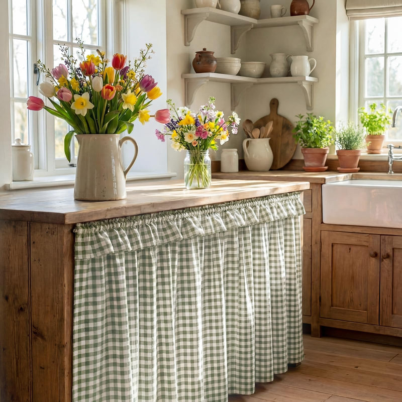 Green Ruffle Gingham Sink Skirt Self-Adhesive Bathroom Stitch Self Stick Adhesive Fabric Under Sink Curtain Skirt 55'' x 32'' for Bathroom Kitchen Laundry Utility Room Decor (32 x 55in) Green 32 x 55 in Plaid