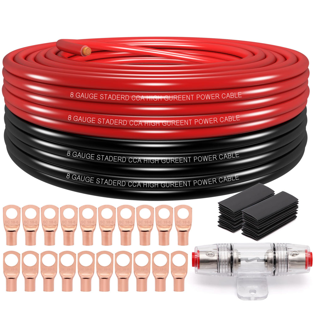 8 Gauge Wire (50ft Each- Black/Red) Copper Clad Aluminum CCA,60A AGU Fuse Holder,20pcs Lugs Terminal Connectors and 2:1 Heat Shrink Tube for Power/Auto,Amplifier,Ground Cable 100FT+60A fuse holder