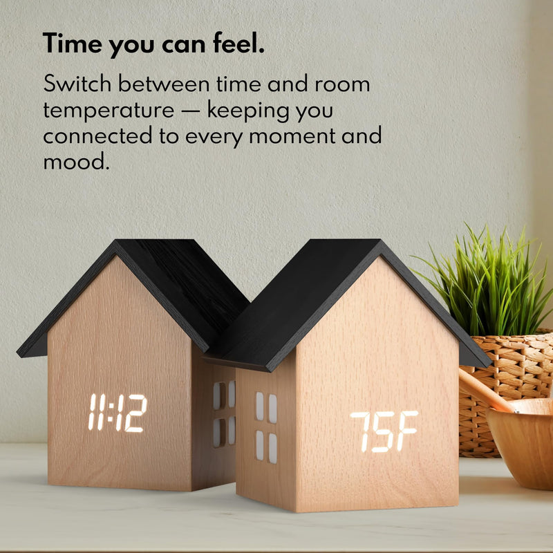 Driini Digital House-Shaped Alarm Clock with Temperature Display (Light Wood) – Modern Aesthetic - Cute Cube Frame and White LED Dimmer - Perfect Small Desk Clock for Bedside Table or Bedroom Mantle Light Wood; Black Roof